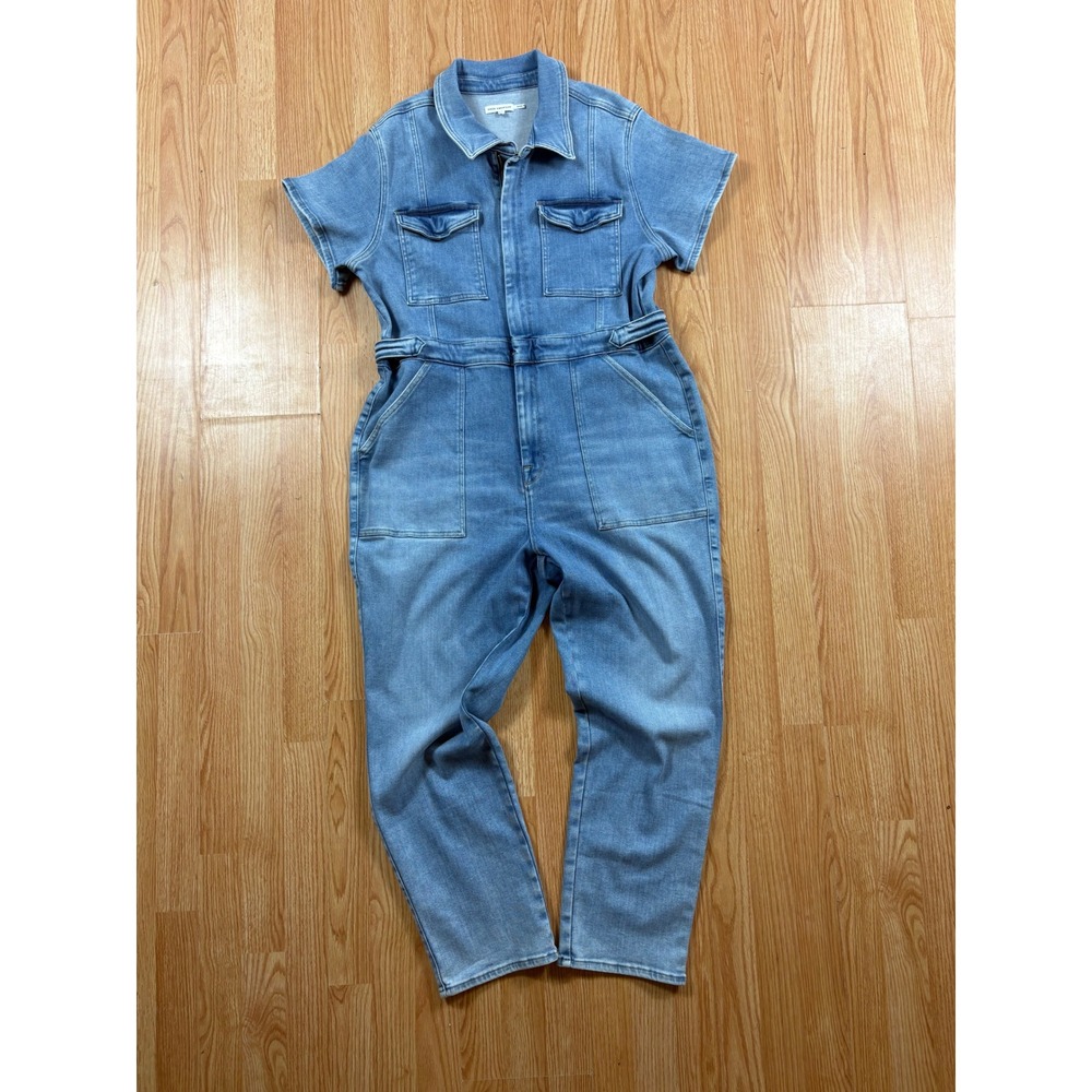 Good American Denim Jumpsuit Light Wash Blue Short Sleeve Utility Size 5 XL